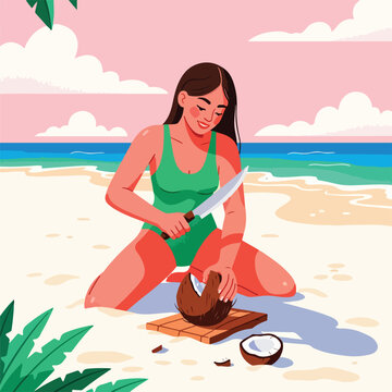Woman opening coconut on sandy beach with ocean and clouds