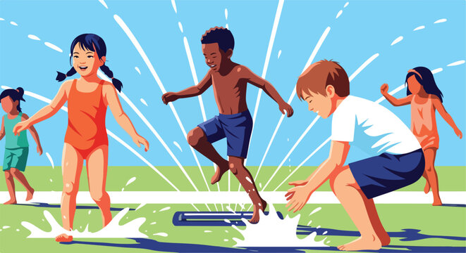 Children splashing in water on a sunny day