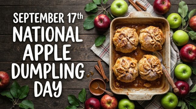 National apple dumpling day celebration with baked apple dumplings and fresh apples on wooden background