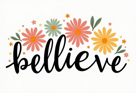 Inspirational floral design with bold message of believe surrounded by colorful flowers and leaves