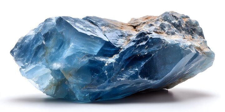 Natural blue crystal mineral specimen with translucent faceted surfaces on white background