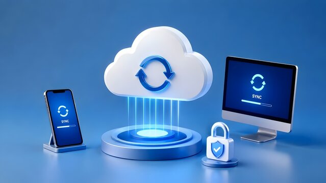 3D cloud computing synchronization concept with smartphone and desktop monitor updating secure data on a digital technology platform.
