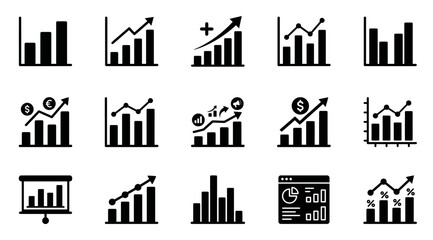 Obraz premium A collection of black and white icons representing various styles of bar graph and financial data analysis charts