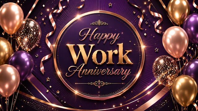 Golden and purple balloons with confetti and happy work anniversary text celebration
