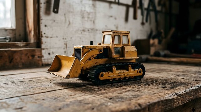 Vintage yellow toy bulldozer sitting on a rustic wooden workbench