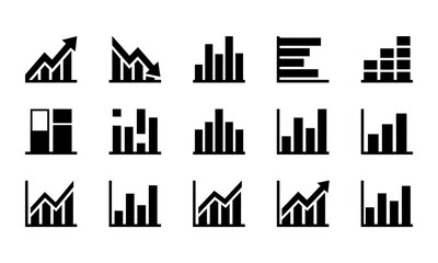 Obraz premium A collection of black and white business icons featuring various styles of bar graph and financial data charts