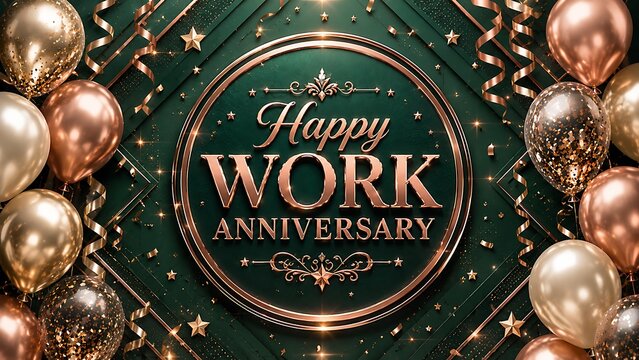 Happy work anniversary text with balloons and confetti on green background celebration