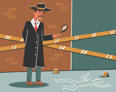 Detective Inspecting a Crime Scene Investigation with Magnifying Glass and Chalk Outline