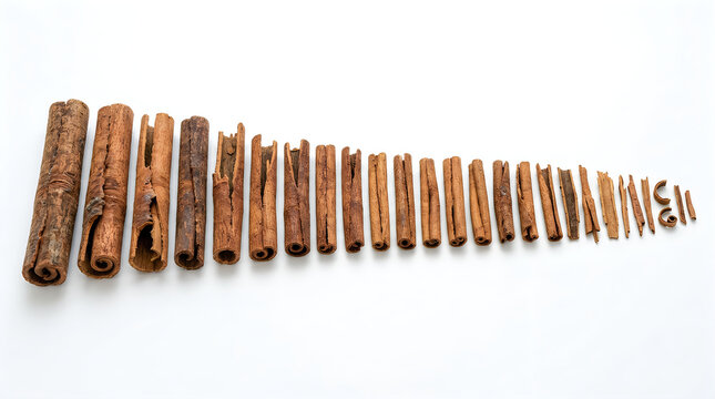Row of cinnamon bark sticks arranged in decreasing size on white background