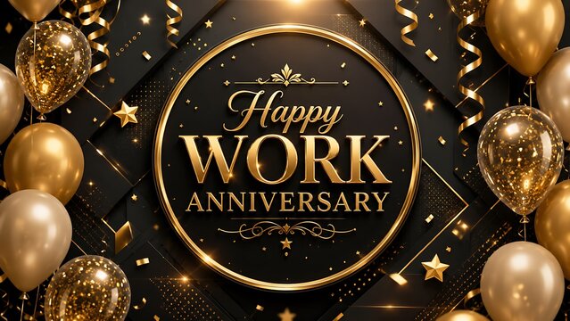 Golden happy work anniversary celebration with balloons and confetti 2