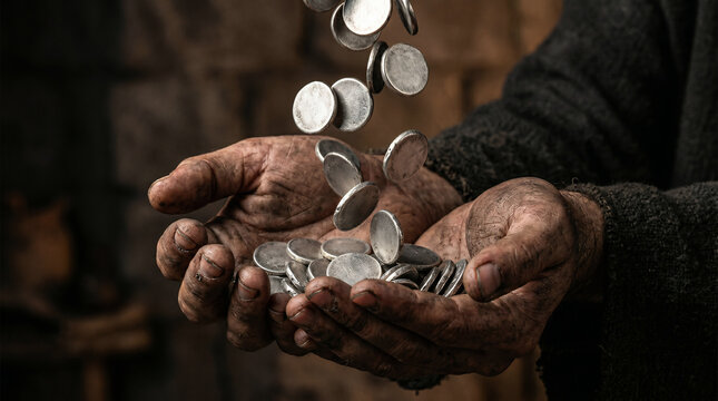 Judas Iscariot secretly receiving the thirty pieces of silver from the wealthy, plotting high priests in a dark temple room