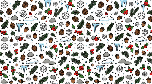 Seamless Winter Forest Pattern with Pine Cones, Holly Berries, and Snowflakes on White Background