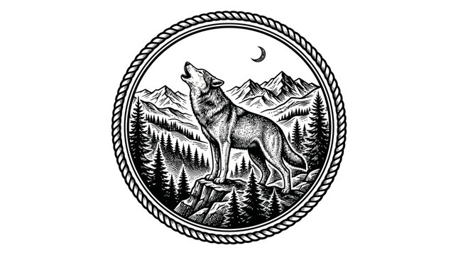 Howling wolf on mountain cliff with forest landscape and moon in circular vintage badge style