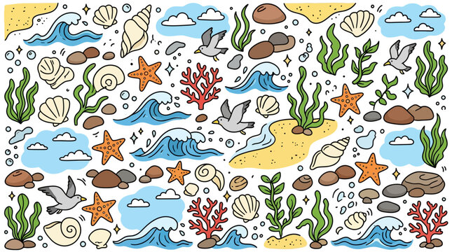 Marine Life Doodle Set with Seashells, Starfish, Ocean Waves, and Coral in Hand Drawn Style