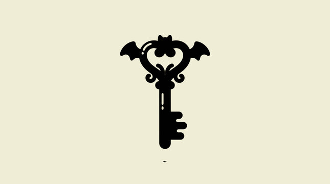 Gothic Bat Wing Heart Key Silhouette, Vintage Ornamental Mystery Skeleton Key Vector Illustration