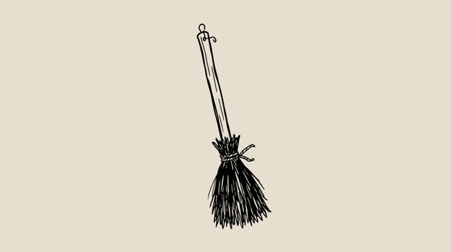 Vintage style hand-drawn witch broom besom illustration for magic and cleaning themes