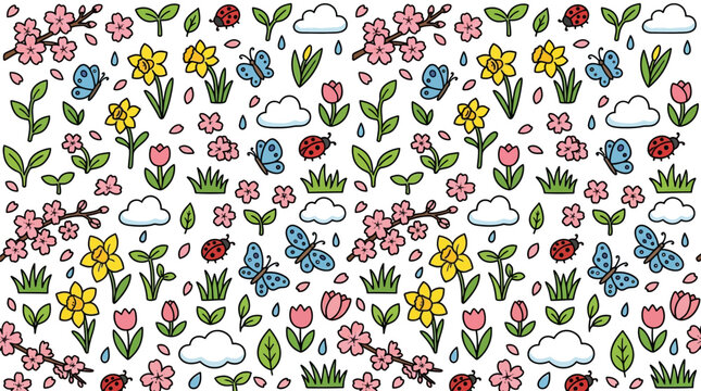 Spring doodle seamless pattern with hand drawn flowers, butterflies and ladybugs background