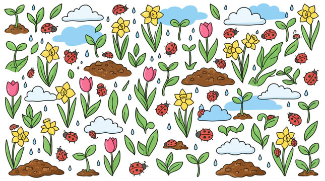 Spring gardening doodle pattern with ladybugs, flowers, sprouts, and rain clouds on white background