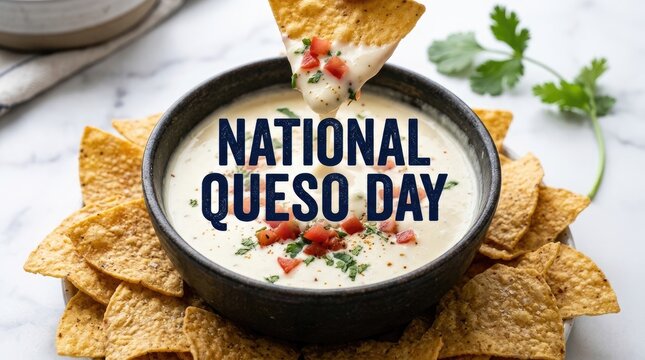National queso day celebration with a bowl of creamy cheese dip and crispy tortilla chips