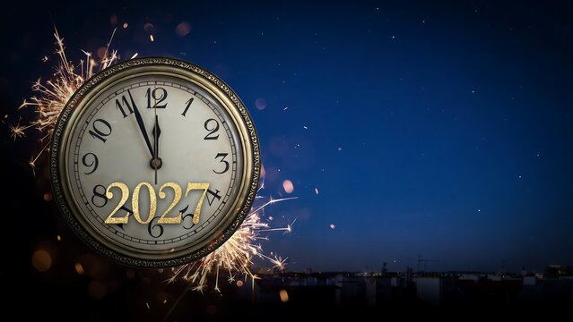 Vintage clock showing midnight with fireworks and 2027 new year celebration