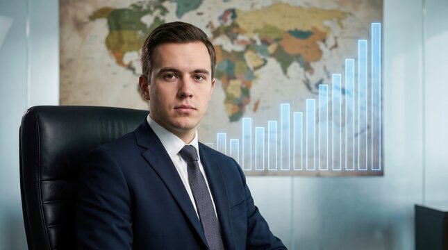 Professional businessman in a suit seated in an office chair looking forward