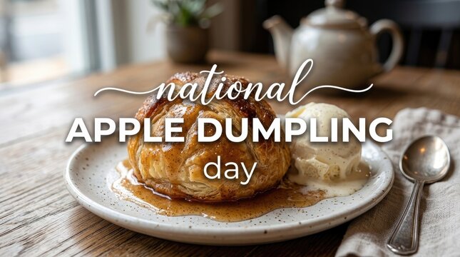National apple dumpling day celebration with a delicious pastry dessert and vanilla ice cream