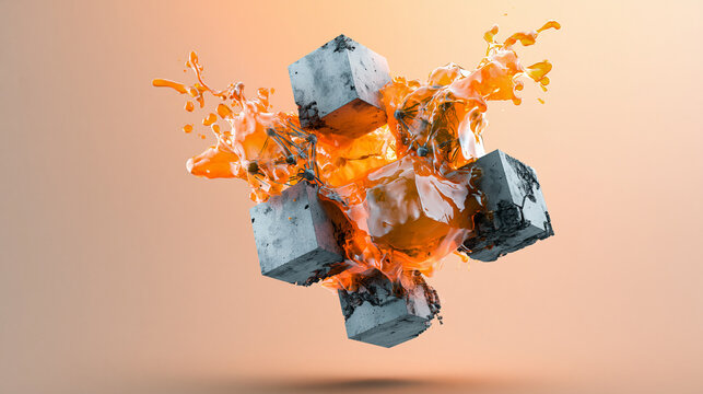 Orange liquid network wrapping rough concrete nodes, representing decentralized physical infrastructure, edge devices, DePIN and tokenized real-world systems, sensor networks, connected hardware