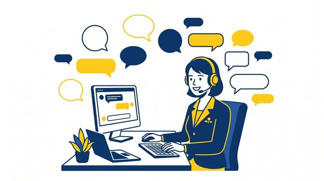 Customer service illustration, a friendly call center agent with headset at computer, providing online support and live chat assistance, surrounded by speech bubbles