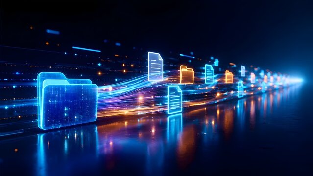 High speed digital data transfer concept with glowing folders and documents flowing through light trails in cyberspace