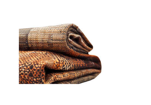 Handwoven traditional textile fabric rolls with colorful geometric patterns, natural woven texture, and fringed edges, isolated on a transparent background