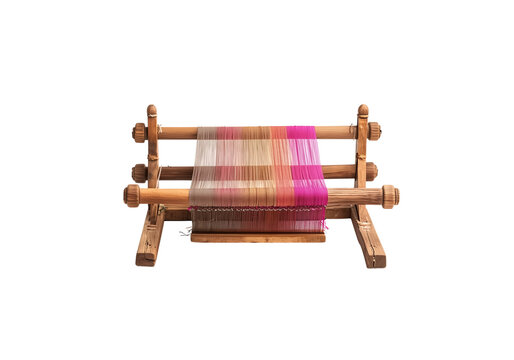 Traditional wooden handloom weaving machine with colorful woven fabric, handcrafted textile equipment, and rustic wooden structure isolated on a transparent background