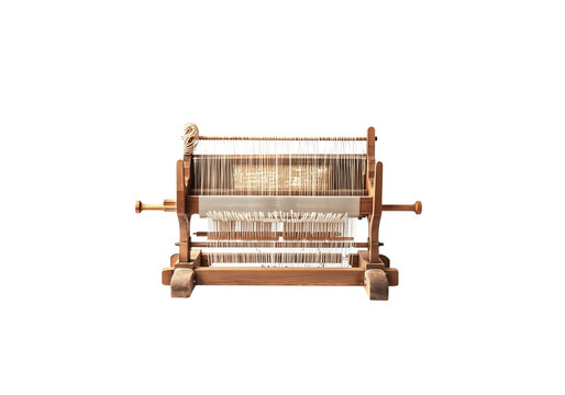 Traditional wooden handloom weaving machine with colorful woven fabric, handcrafted textile equipment, and rustic wooden structure isolated on a transparent background
