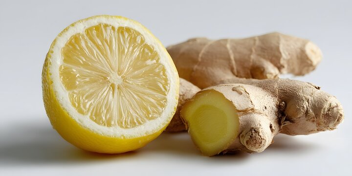 Fresh half of lemon with ginger root isolated on white background