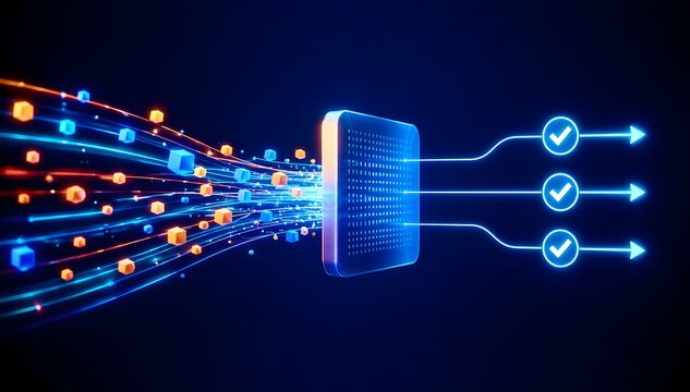 Digital data filtering and processing with chaotic glowing cubes passing through a screen to become structured validation lines