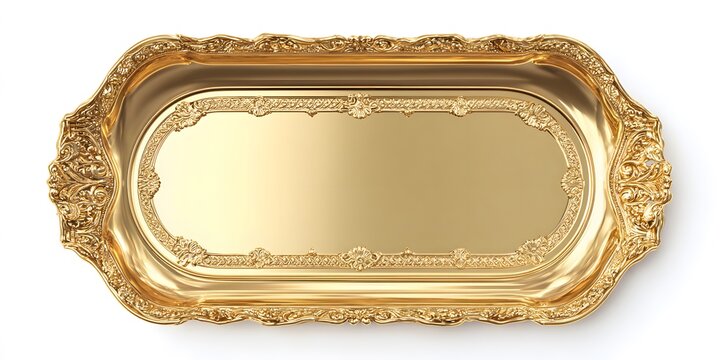 Ornate golden tray with embossed baroque floral patterns isolated on white background
