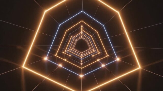 Endless loop of flying through a futuristic pentagonal neon grid tunnel with orange and blue lights.