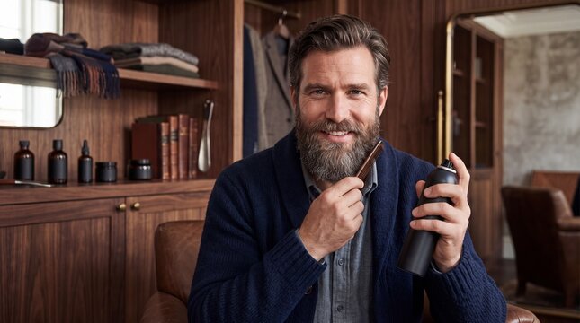 Smiling man combing thick beard holding blank cylindrical spray bottle mockup in luxury wooden dressing room