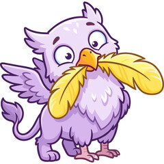 Fototapeta premium Purple griffin cartoon mascot holding golden feather, mythical creature vector illustration