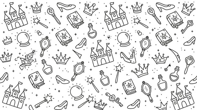 Seamless fairy tale doodle pattern featuring magic castle, crown, wand, and glass slipper illustration