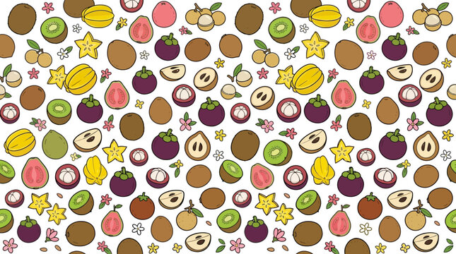 Seamless pattern of hand drawn tropical fruits like mangosteen kiwi and starfruit on white background