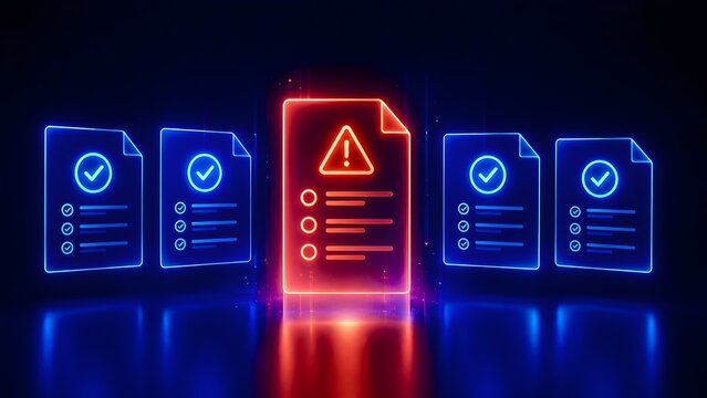 Glowing digital document icons highlighting a red warning anomaly among safe files for system error and compliance failure alerts
