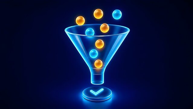 3D transparent glass funnel filtering glowing data spheres into a success checkmark for business process optimization