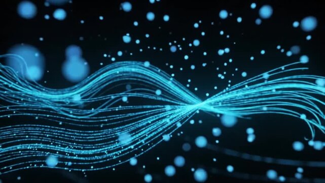 abstract blue glowing particle wave swirling spiral energy motion background data flow tech loop video