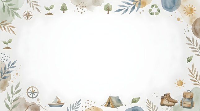 Watercolor eco travel border frame featuring plants, leaves, camping gear, and a central white copy space on a clean paper background.