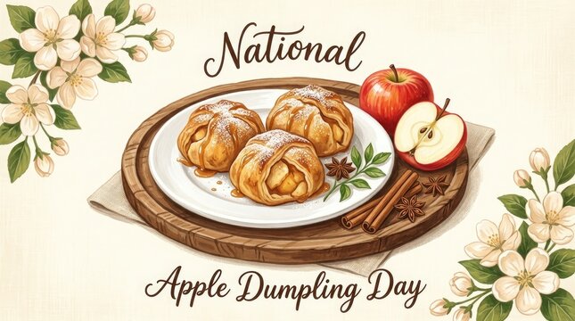 National apple dumpling day illustration with fresh apples, cinnamon sticks, and apple blossoms