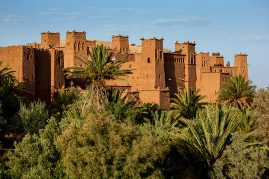 The magnificent fortified city of Ait Benhaddou, located in the High Atlas Mountains of Morocco. The giant fortification is made up of six forts (Kasbahs) and nearly fifty palaces.