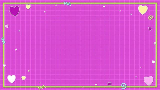 Cute Pink Grid Background with Floating Hearts and Squiggles