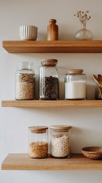 Minimalist wooden shelves with organized glass jars in pantry