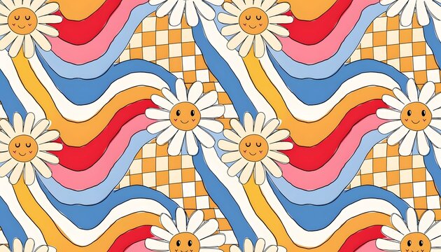 Retro psychedelic daisy flower pattern and wavy stripes. Groovy hippie seventies and sixties aesthetic wallpaper. Smiling flower faces with colorful rainbow waves and checkerboard background