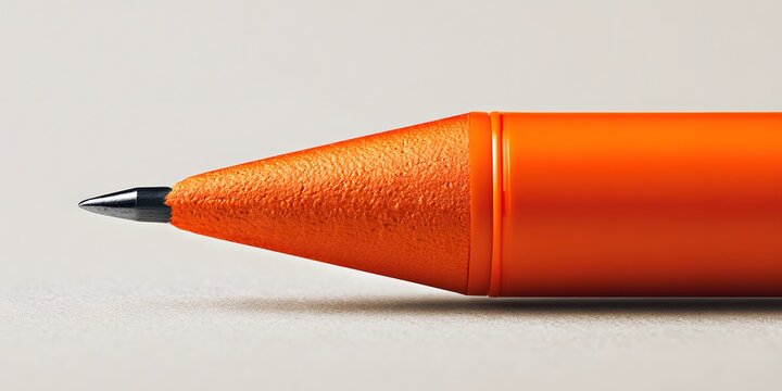 Close up view of an orange ballpoint pen tip on a white surface